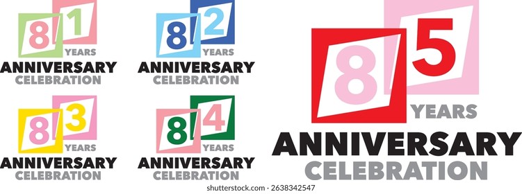 set of squares various colorful with inside number 81 82 83 84 85 and the words YEARS ANNIVERSARY celebration at the bottom.
