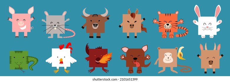 A set of square-shaped Chinese zodiac animals.