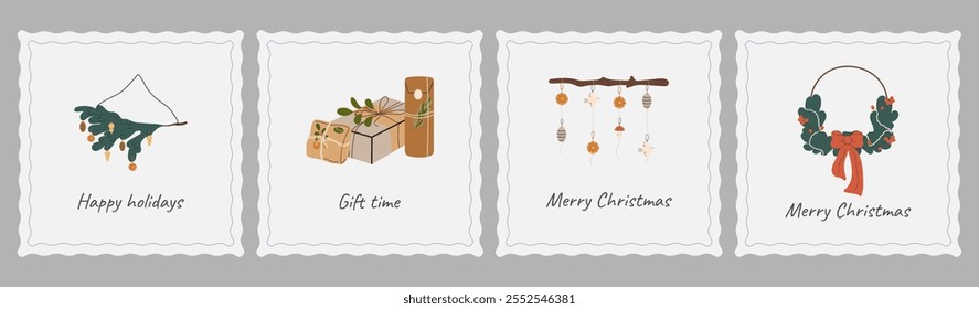 A set of square-shaped Christmas and New Year cards. Fir branches decorated with toys, gifts, a festive wreath with red bows, eco decorations. Flat vector illustration for winter holidays.