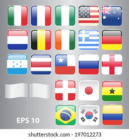 Set of Square-Shaped Flags World Top Countries Including Brazil, U.S.A., Germany, England, etc. The Most Values