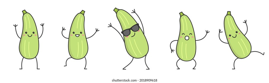 Set squash character cartoon dancing face smiling vegetable marrow happy courgette emotions icon logo vector illustration.