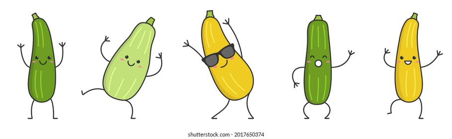 Set squash zucchini character cartoon dancing face smiling vegetable marrow happy courgette emotions icon logo vector illustration.