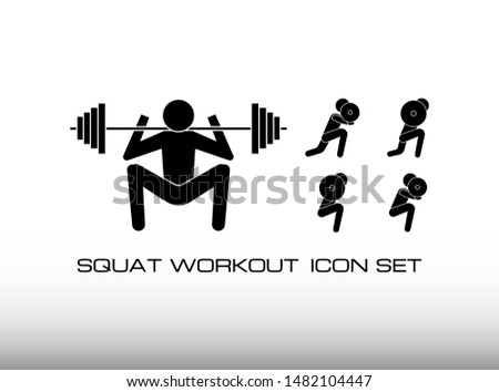 Set of Squat Workout with Barbell Monochrome Icon in Fitness Center. This Collection Consist of Five Vector Icon. Simple and Trendy Isolated on White Background.