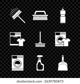 Set Squeegee, scraper, wiper, Brush for cleaning, Plastic bottles liquid dishwashing liquid, Washer, Cleaning spray with detergent, Dustpan, and t-shirt and Mop icon. Vector