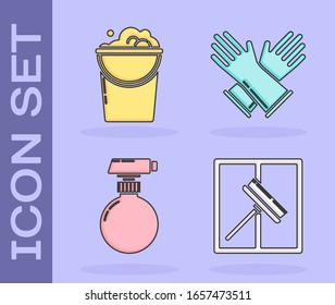 Set Squeegee, scraper, wiper, Bucket with foam and bubbles , Cleaning spray bottle with detergent liquid  and Rubber gloves  icon. Vector