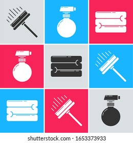 Set Squeegee, scraper, wiper, Cleaning spray bottle with detergent liquid  and Towel stack  icon. Vector