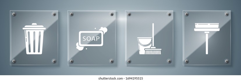 Set Squeegee, scraper, wiper, Mop and bucket , Bar of soap with foam  and Trash can . Square glass panels. Vector