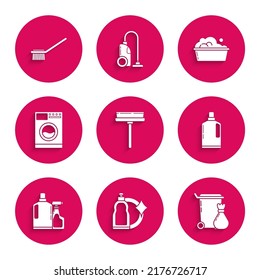 Set Squeegee, scraper, wiper, Plastic bottles for liquid dishwashing liquid, Trash can, Washer, basin with soap suds and Toilet brush icon. Vector