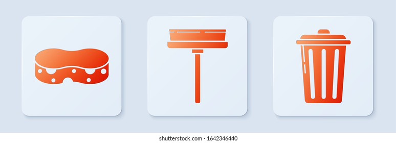 Set Squeegee, scraper, wiper, Sponge  and Trash can . White square button. Vector