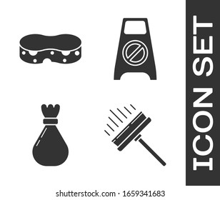 Set Squeegee, scraper, wiper, Sponge , Garbage bag  and Wet floor and cleaning in progress  icon. Vector