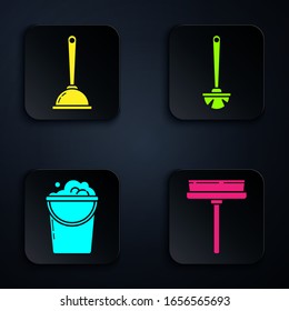 Set Squeegee, scraper, wiper, Toilet plunger, Bucket with foam and bubbles  and Toilet brush . Black square button. Vector