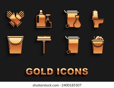 Set Squeegee, scraper, wiper, Toilet bowl, Bucket with foam and bubbles, Trash can, Rubber gloves and Plastic bottles for liquid dishwashing liquid icon. Vector