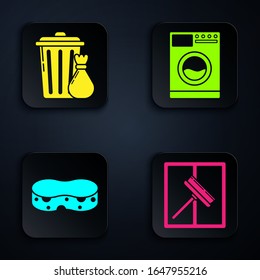 Set Squeegee, scraper, wiper, Trash can and garbage bag , Sponge  and Washer . Black square button. Vector