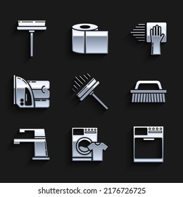 Set Squeegee, scraper, wiper, Washer and t-shirt, Brush for cleaning, Water tap, Electric iron towel, Cleaning service and  icon. Vector