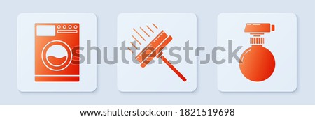 Set Squeegee, scraper, wiper, Washer  and Cleaning spray bottle with detergent liquid . White square button. Vector