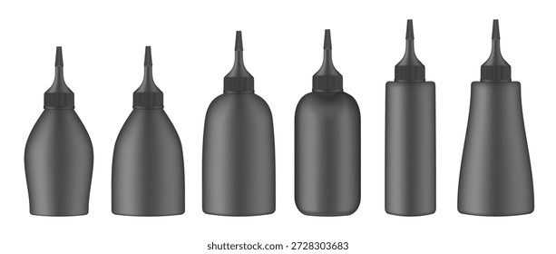 Conjunto de botellas de compresión. Botella negra con tapa de punta. Tapa dosificadora. Tinte de pelo colorido.