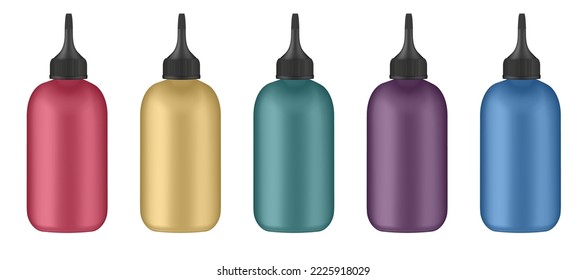 Juego de botellas apretadas. Botellas rojas, doradas, verdes, moradas y azules. Tapa dispensadora. Colorido tinte de pelo. Líquido de uva de jugo electrónico