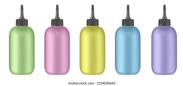 Set Flaschen zusammenpressen. Gelbe, rosafarbene, grüne, violette und blaue Flaschen. Abgabekappe. Farbige Haarfärbung. E-Saft-Dampf-Flüssigkeit