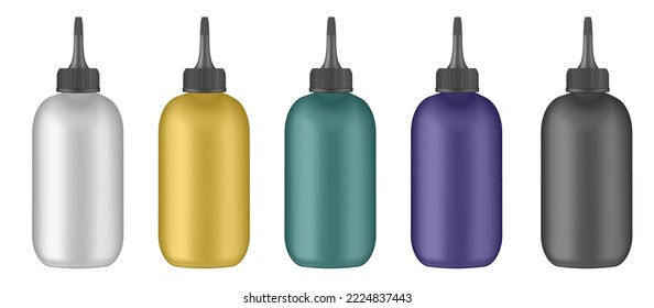 Set Flaschen zusammenpressen. Gelbe, weiße, grüne, violette und schwarze Flaschen. Abgabekappe. Farbige Haarfärbung. E-Saft-Dampf-Flüssigkeit