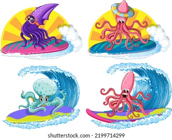 Set of squid and octopus cartoon character set illustration