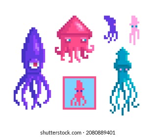 A set of squid in pixel art style. Sea characters different forms and sizes. Vector illustration.