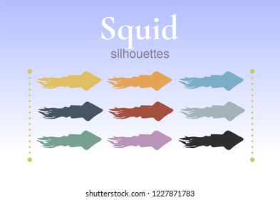 Set of squid silhouettes. Unique hand-drawn silhouettes of squid. Yellow, grey, blue, green, pink, orange, red, black. Vector. Isolated on background.