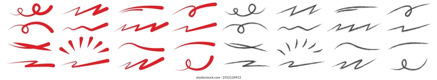 Conjunto de sublinhado rabiscado de pincel rabiscado. Realce de caneta de marcador vermelho realça o traçado de oscilação. Vetor de pincéis de sublinhado a carvão desenhados à mão