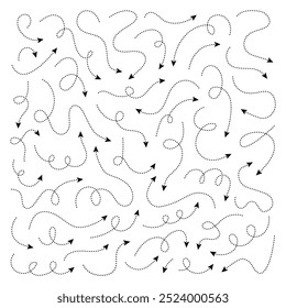 Set of squiggle dash line arrows. Dashed curved vector editable stroke arrows