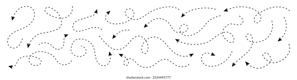 Conjunto de setas tracejadas sinuosas. Setas de traçado editáveis de vetor curvo tracejado