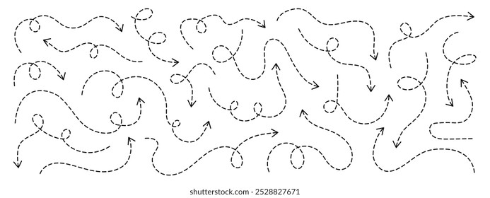 Conjunto de setas tracejadas sinuosas. Ícones de setas vetoriais curvas traçadas à mão