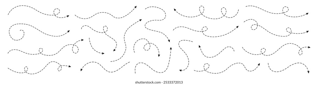 Set of squiggle dash line arrows. Dashed line hand drawn curved vector arrows icons