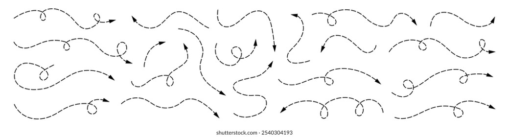 Conjunto de setas tracejadas sinuosas. Linha tracejada desenhada à mão curvo vetor setas ícones