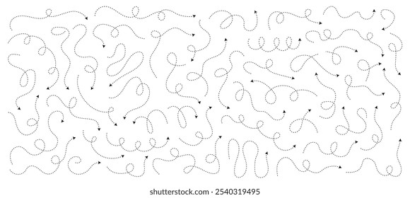 Set of squiggle dash line arrows. Dashed line hand drawn curved vector arrows icons