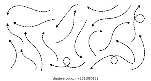 Set of squiggle dash line arrows. Hand drawn curved vector arrows icons. Hand drawn dotted arrows set. Curved dashed arrows design. 