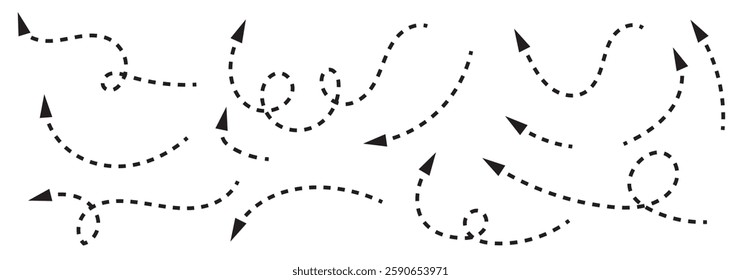 Set of squiggle dash line arrows. Dashed hand drawn curved vector arrows icons . 1176