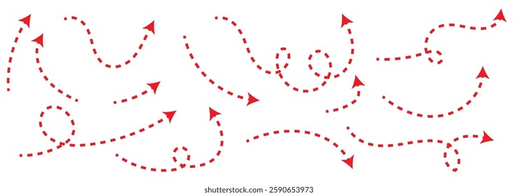 Set of squiggle dash line arrows. Dashed hand drawn curved vector arrows icons . 1176