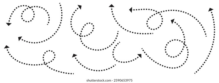 Set of squiggle dash line arrows. Dashed hand drawn curved vector arrows icons . 1176