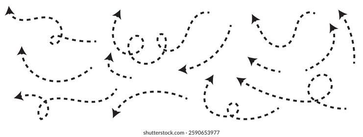 Set of squiggle dash line arrows. Dashed hand drawn curved vector arrows icons . 1176