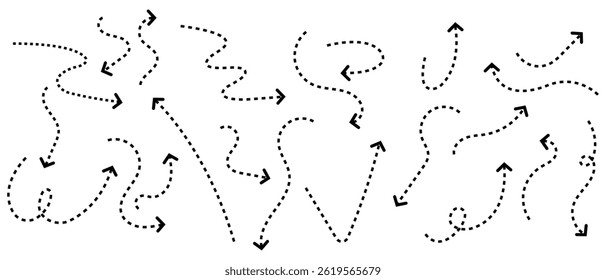 Set of squiggle line arrows. Collection of arrows. Hand-drawn curved arrows collection set isolated on a white background.