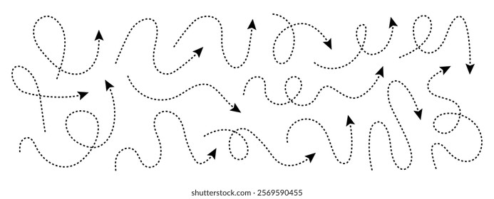 Set of squiggle line arrows. Line curved vector editable stroke arrows