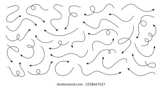 Set of squiggle line arrows. Simple line hand drawn curved vector arrows icons