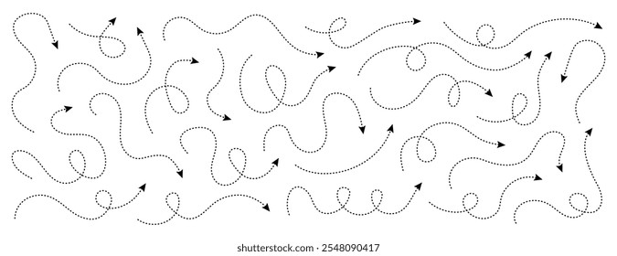 Set of squiggle line dashed arrows. Dash curved vector editable stroke arrows