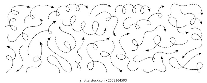 Conjunto de setas tracejadas com linha sinuosa. Setas de traçado editáveis de vetor curvo traço