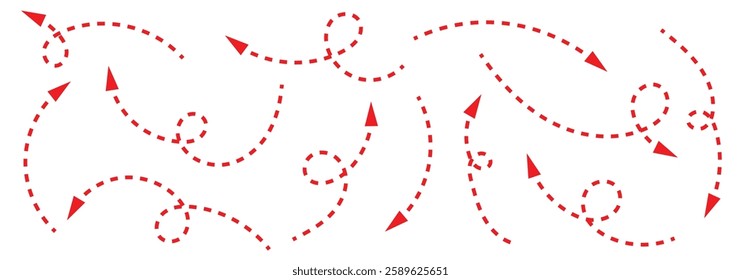 Set of squiggle line dashed arrows. Dash curved vector editable stroke arrows. hand drawn dashed curved arrow . Sketch curve dash zigzag arrow symbol. Business growth up graphic design elements. 