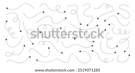 Set of squiggle line dashed arrows. Dash curved vector editable stroke arrows