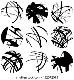 Set of squiggle, squiggly line circles. 9 different variation. Abstract geometric, monochrome illustration