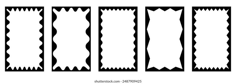 Set of squiggle stories frames collection. Psychedelic rectangles, photo frames, text boxes, tags, labels. Zigzag wavy groovy shapes. Vector Illustration.