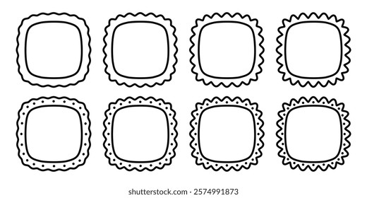 Set of squircles or squares with rounded borders frames with wavy edges. Vignettes for pictures, photos or mirrors. Empty boxes, tags or labels isoletd on white background. Vector graphic illustration