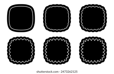 Set of squircles or squares shapes with wavy rounded borders and corners. Simple geometric frames isolated on white background. Wiggly labels, tags or boxes templates. Vector graphic illustration.