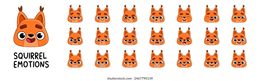 A set of squirrel character heads. Maskot stickers with different emotions. Vector cute character animal, pet